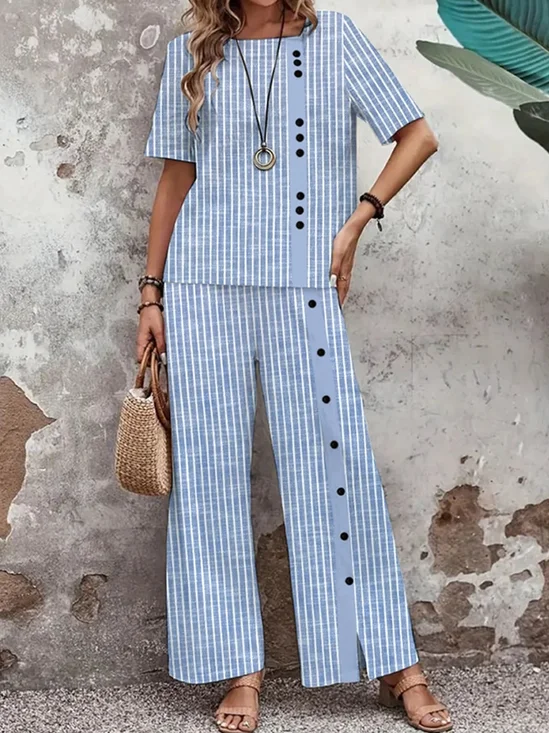 Crew Neck Striped Casual Two-Piece Set