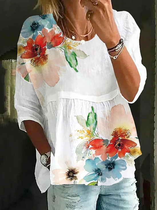 Crew Neck Casual Loose Floral Blouse
