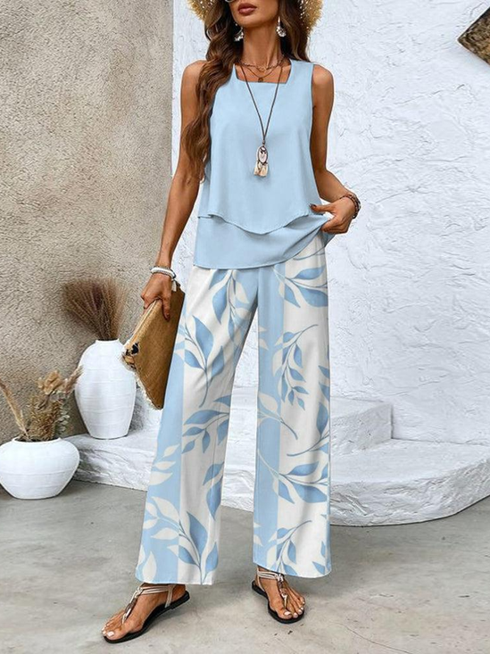 Women's Leaf Daily Going Out Two-Piece Set Light Blue Casual Summer Top With Pants Matching Set