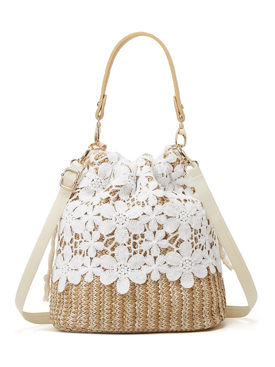 Flower Lace Drawstring Bucket Handbag Bag with Detachable Crossbody Strap