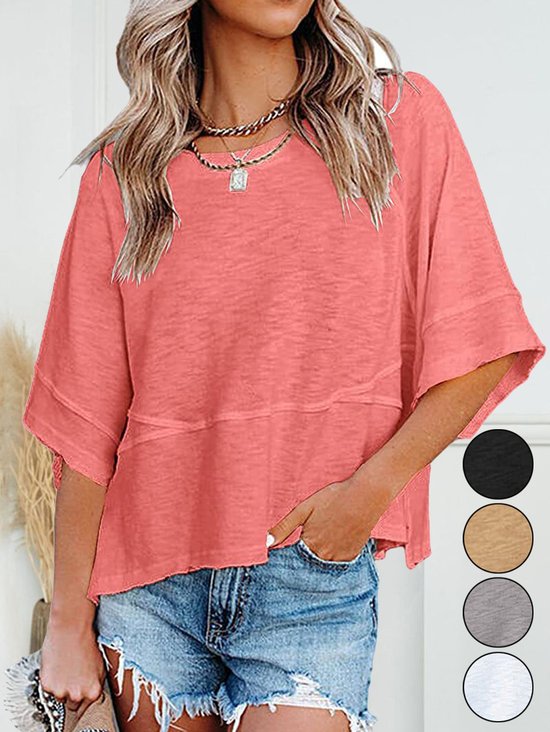 Women Plain Crew Neck Casual Three Quarter Sleeve T-shirt