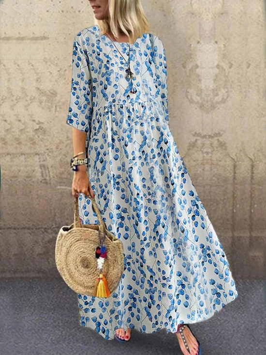 Floral Loose Crew Neck Vacation Dress