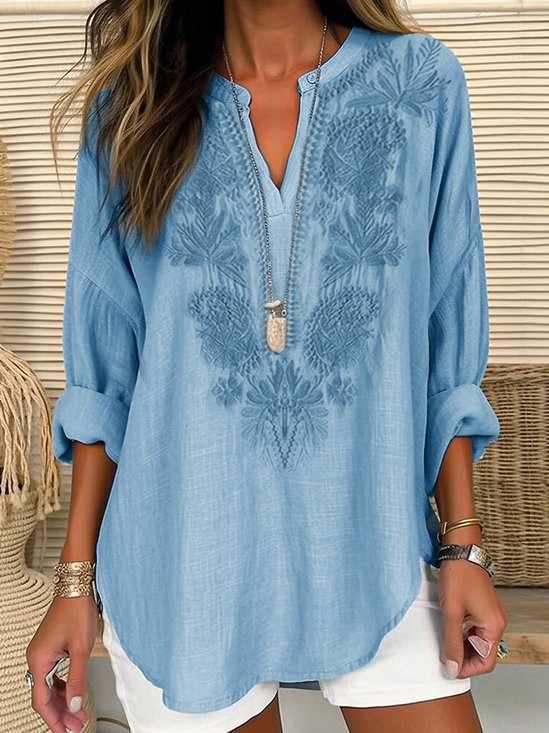 Women's Long Sleeve Embroidery Cotton And Linen V Neck Casual Top