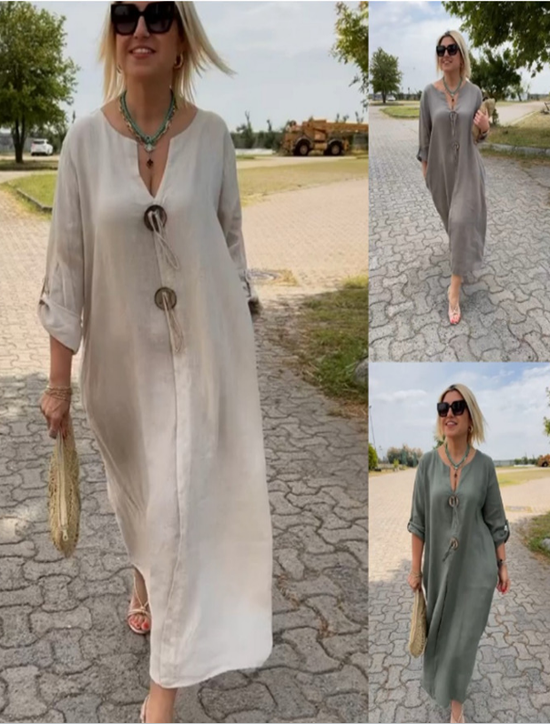 Casual Plain Loose Notched Dress With No