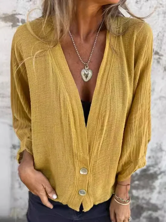 Casual Loose V Neck Buckle Blouse