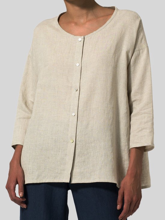 Cotton And Linen Crew Neck Casual Loose Shirt
