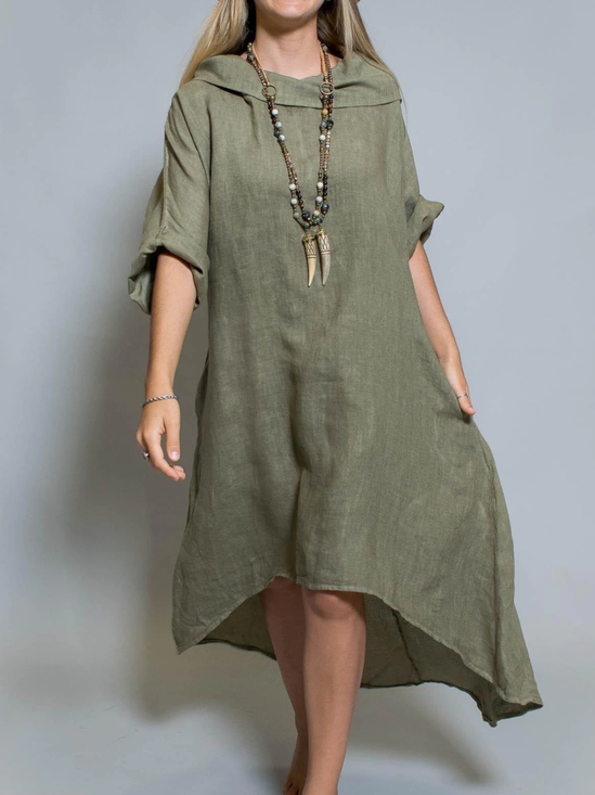 Loose Casual Cotton And Linen Plain Dress With No