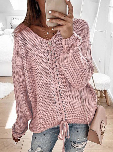 V Neck Yarn/Wool Yarn Casual Color Block Sweater