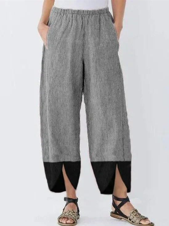 Cotton And Linen Casual Contrasting Color Pants