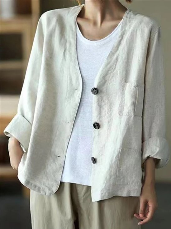 Loose Cotton And Linen Plain Casual Jacket