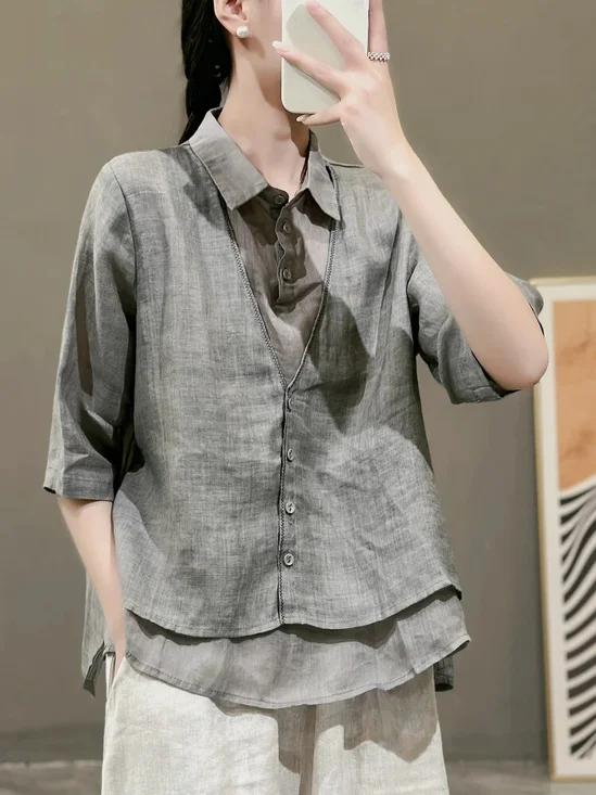 Plain Cotton And Linen Loose Casual Shirt