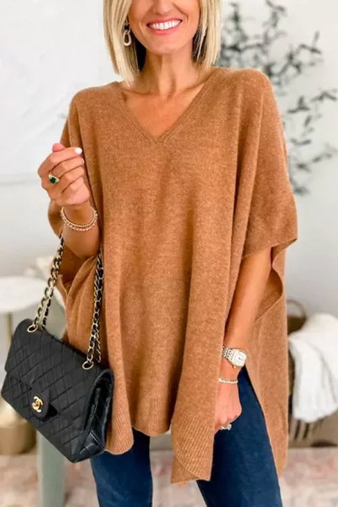 Plain Casual V Neck Loose Sweater