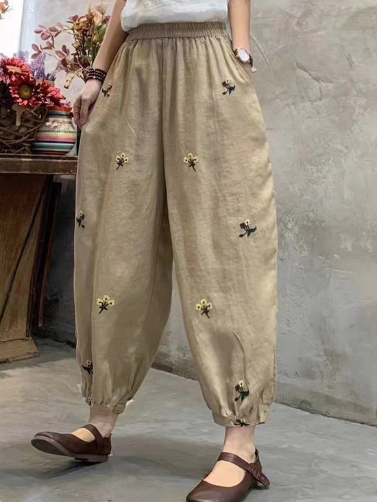 Cotton And Linen Floral Loose Linen Pants