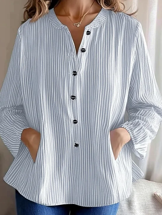 Striped Linen Loose Crew Neck Shirt