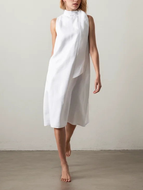 Plain Turtleneck Linen Linen Dress With No