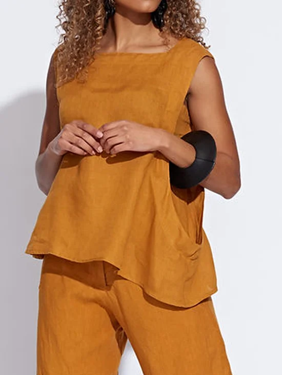 Cotton And Linen Linen Plain Crew Neck Tank Top