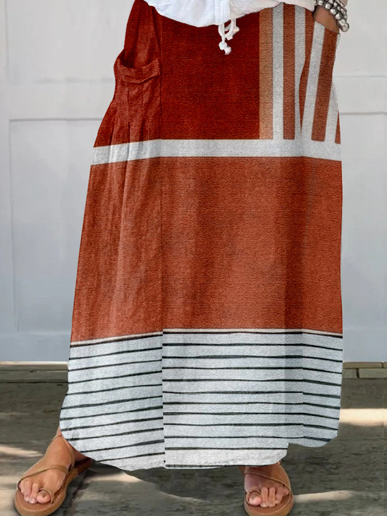 Loose Linen Vintage Multicolor Block Skirt