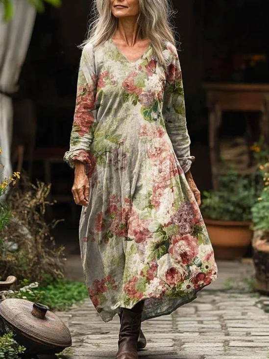Women's Vintage Lovely Floral Art Print Pocket Cotton Dress