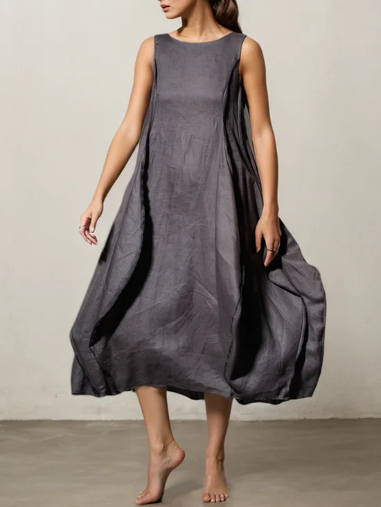 Linen Plain Crew Neck Maxi Dress