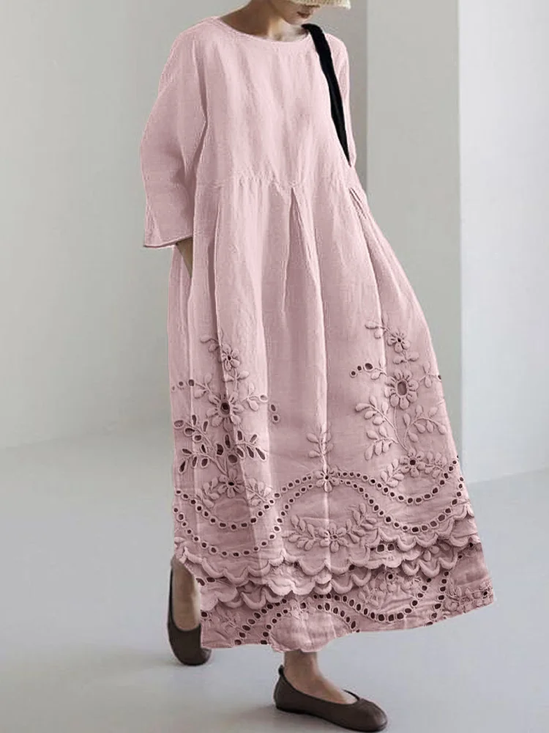 Cottage Floral Embroidered Lace Hem Flowy Maxi Dress