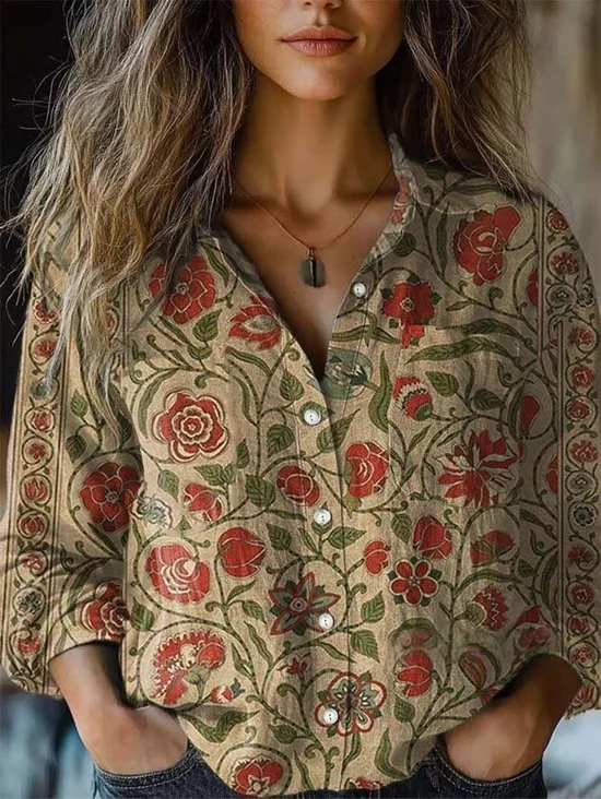Vintage Folk Floral Art Print Long Sleeve Comfortable Cotton Shirt
