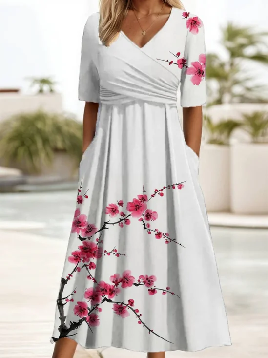Floral Print Long Sleeve V-neck Dress