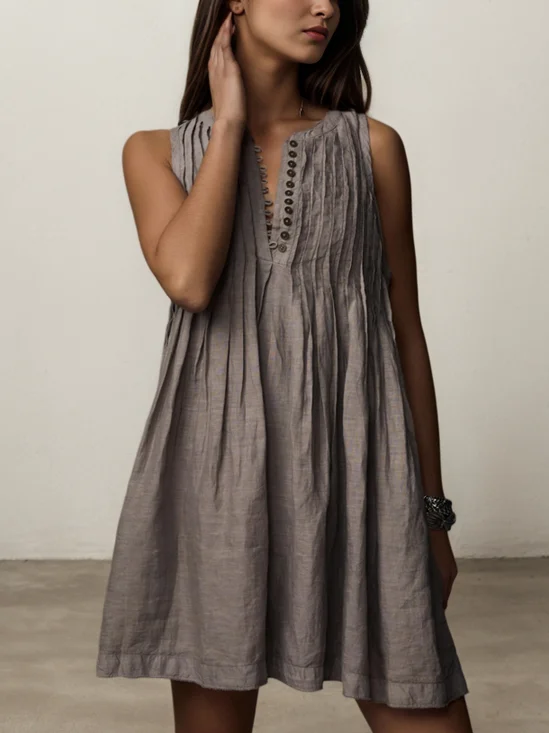 Linen Plain Crew Neck Mini Dress