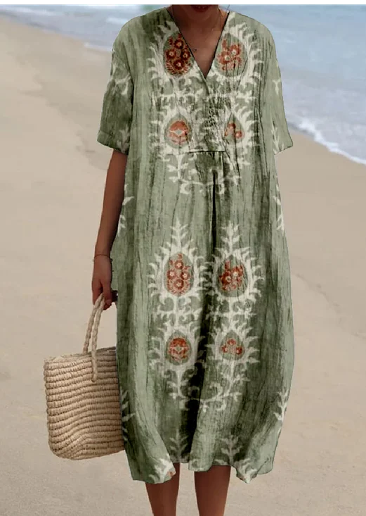 Vintage Cotton-Blend Ethnic Geometry Dress With No