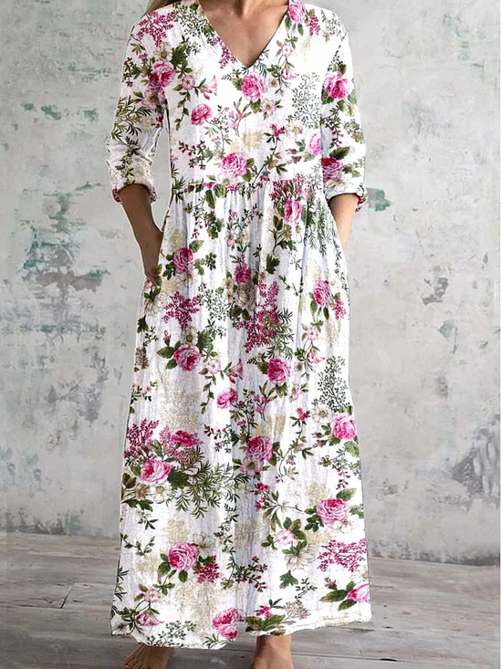 Women's Floral Spring Print Casual V-Neck Long Sleeve Dress