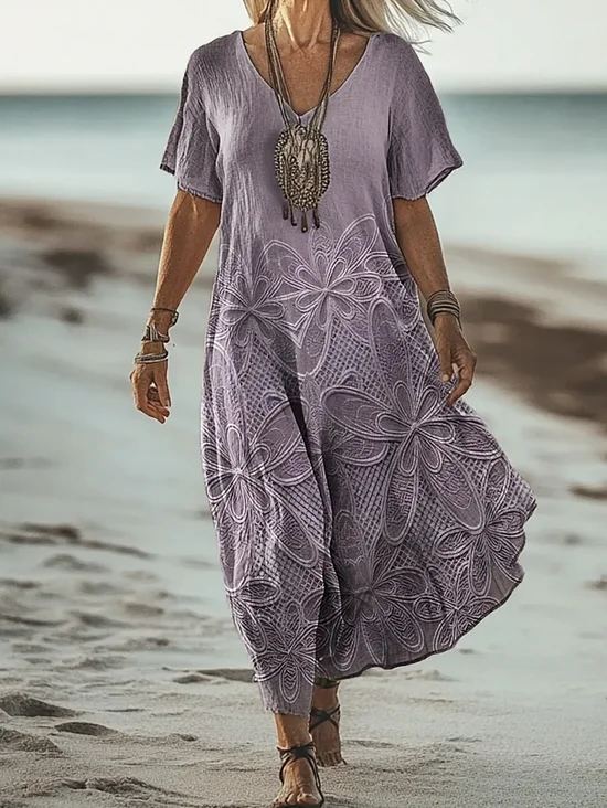 Regular Fit Floral Cotton Vintage Dress With No Belt