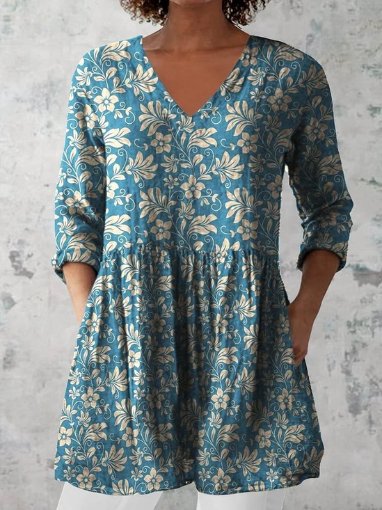 Women's Half Sleeve Blouse_ Summer Blue Floral Printing V Neck Daily Going Out Casual Top
