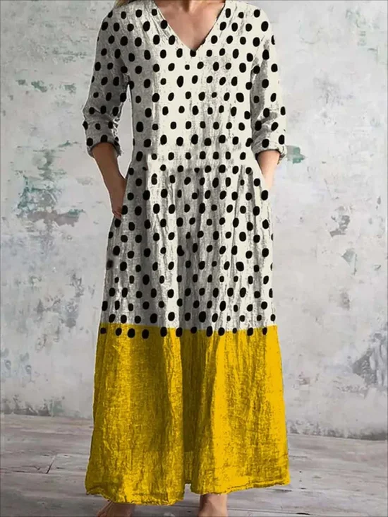 Retro Art Print Chic V-Neck  Elegant Midi Dress