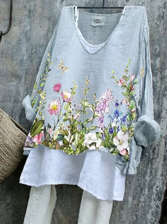 Women's Long Sleeve Blouse_ Spring/Fall Blue Floral Printing V Neck Daily Going Out Casual Top