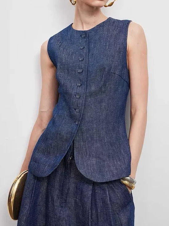 Linen Casual Plain Crew Neck Vest