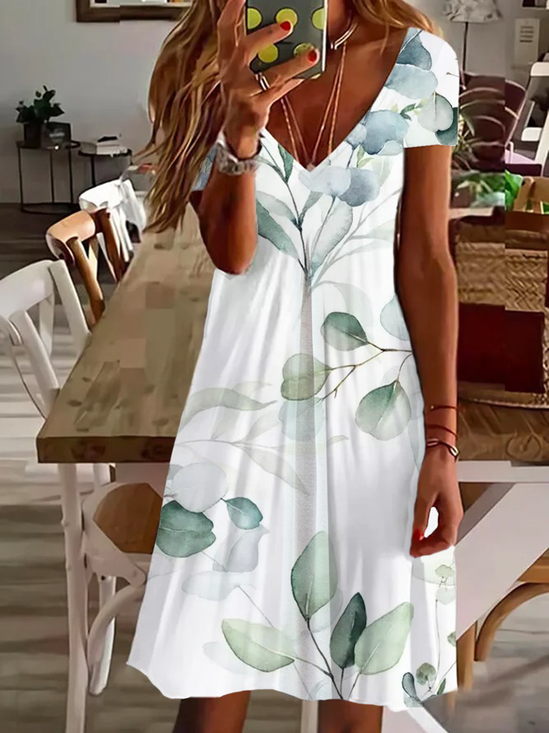 Women's Floral Spring Print Casual V-Neck Short Sleeve Dress