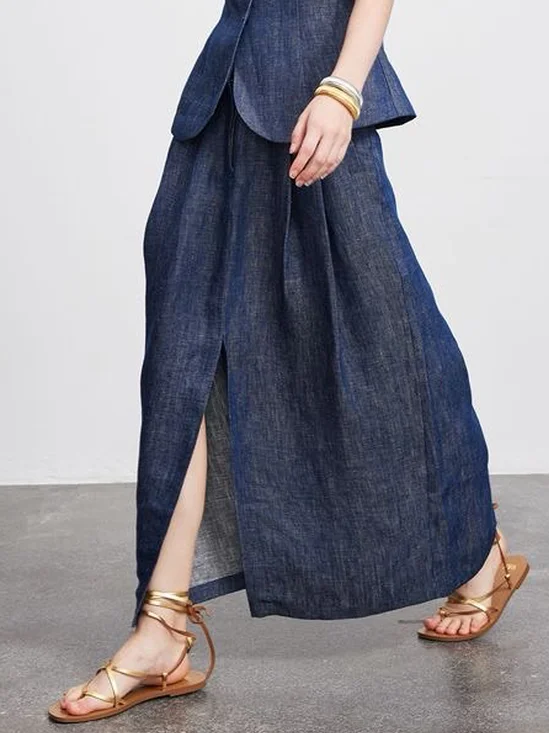 Linen Urban Pocket Stitching Plain Maxi Skirt