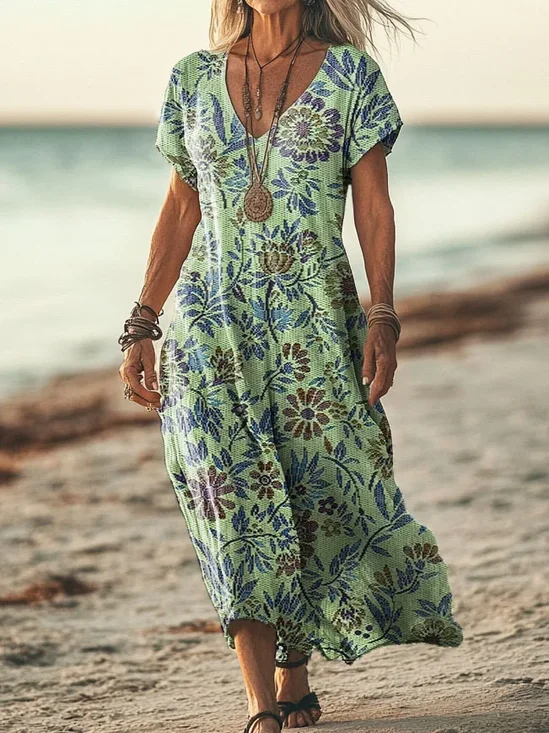 Women's Short Sleeve Summer Green Floral Printing V Neck Daily Going Out Casual Maxi H-Line T-Shirt Dress Dress