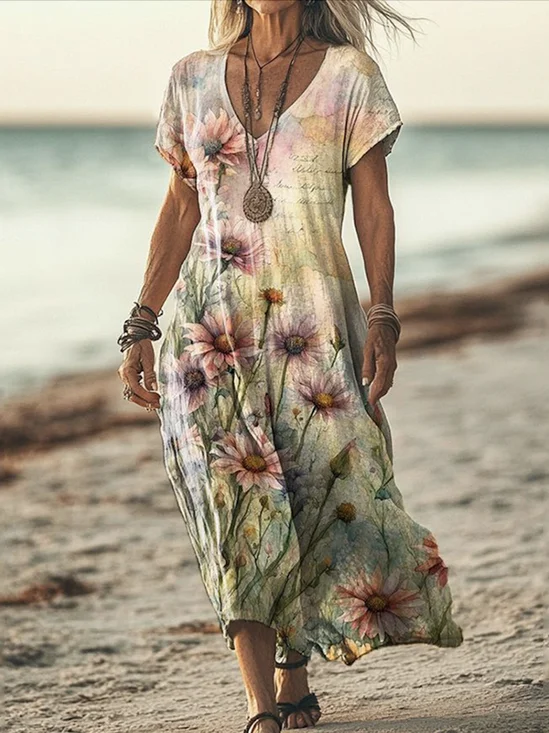 V Neck Cotton Casual Dress