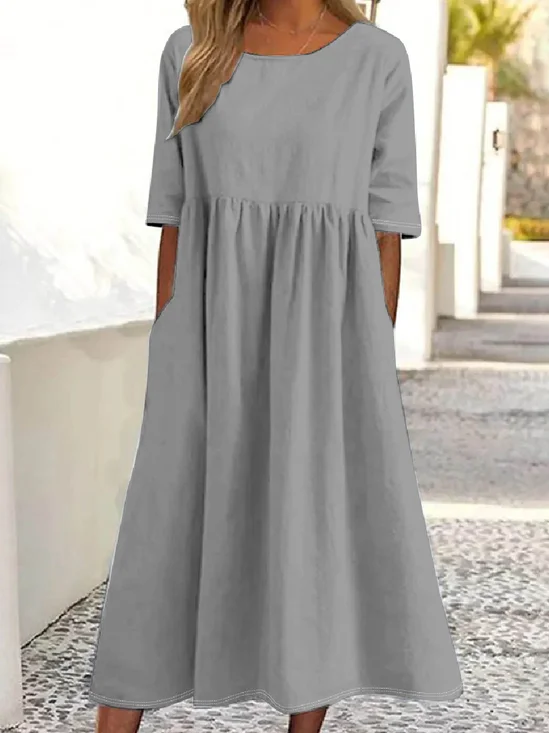 Simple Crew Neck Loose Plain Dress With No