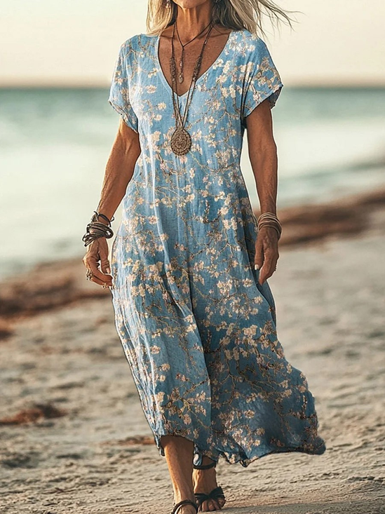 Vintage V Neck Cotton Dress With No Belt