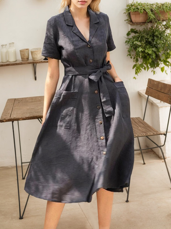 Linen Plain Camp Collar Maxi Dress
