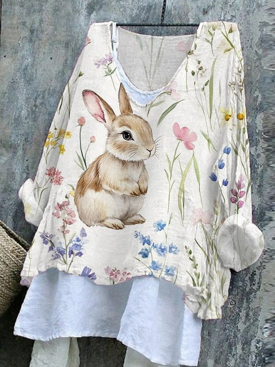 Women Easter (rabbit) V Neck Vintage Long Sleeve T-shirt