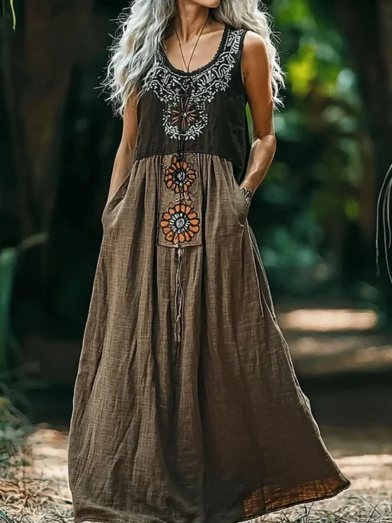 V Neck Ethnic Geometry Casual Cotton Dress With No Belt
