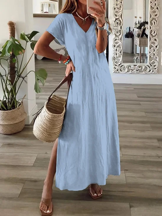 Women's Spring Printed Casual V-Neck Short Sleeve Slit Dress