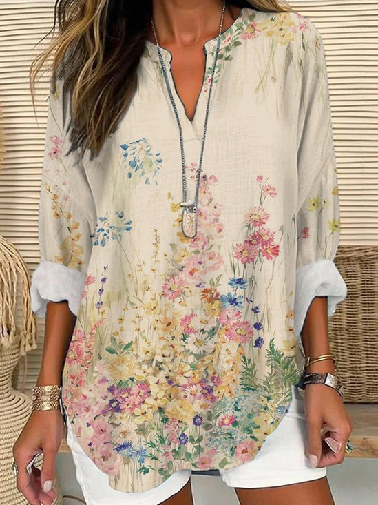Women's Floral Print Spring V-Neck Casual Shirt