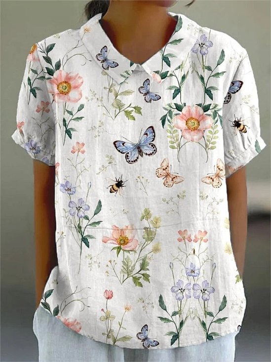 Elegant Shawl Collar Animal Cotton Blouse