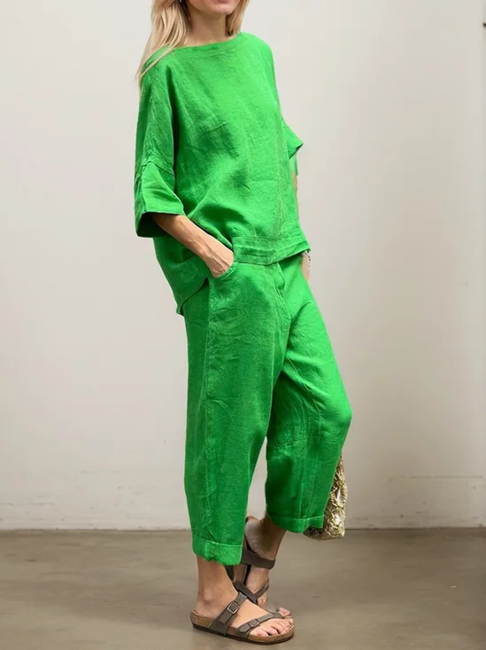 Casual Plain Crew Neck Two-Piece linen-cotton Set