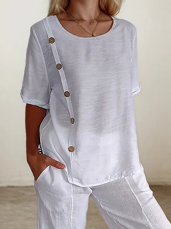 Linen Casual Plain Crew Neck linen-cotton Blouse