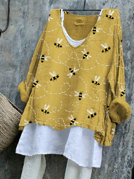 Women Animal V Neck Vintage Long Sleeve T-shirt