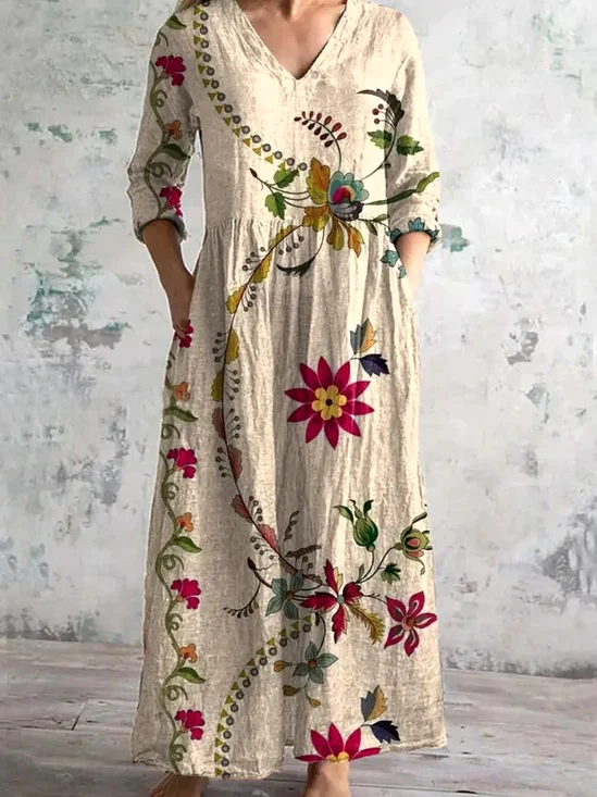 V Neck Cotton Floral Casual Dress With No